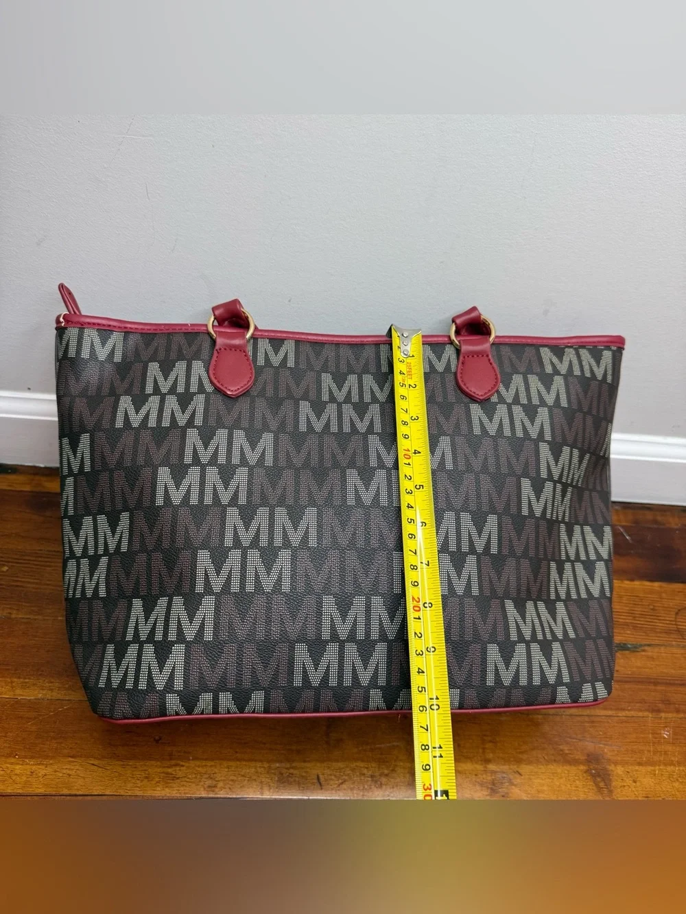 Monogram Tote with Burgundy Trim and Gold Accent